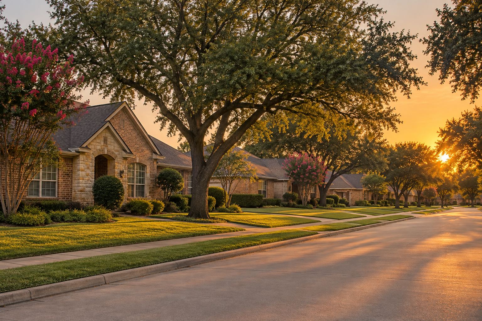 A Dallas Fort Worth residential street at sunset, illustrative