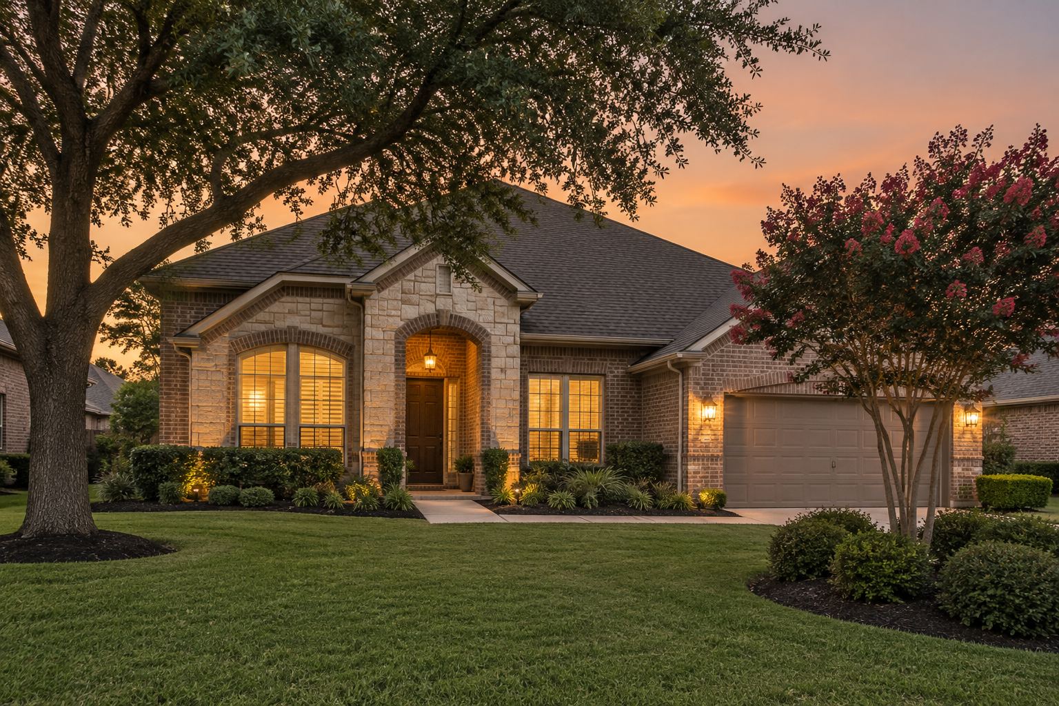 A Texas home at dusk, illustrative